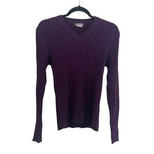 J. Crew Vintage Womens V-Neck Cotton Sweater Plum Ribbed Stretch Large Purple